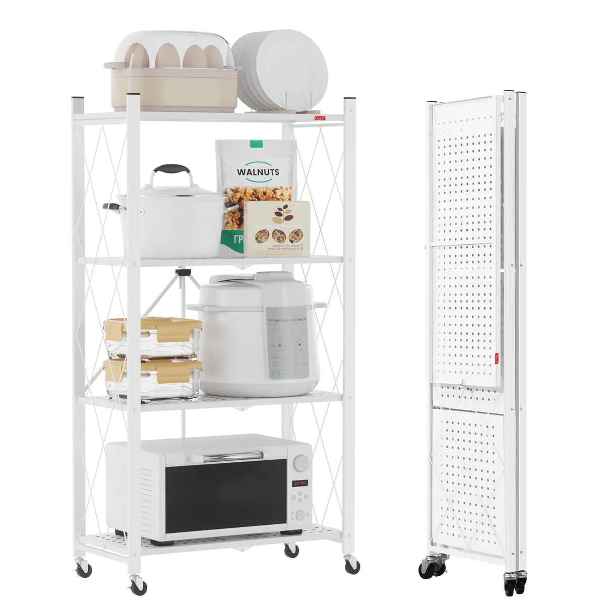DEANIC Klappregal, 4 Regal Bücherregal, Küchenregale mit Rollen, Metallregal zur Aufbewahrung für Wohnzimmer, Speisekammer (61 x 116 x 28 cm, Weiß)