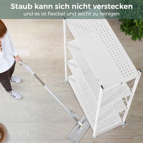 DEANIC Klappregal, 4 Regal Bücherregal, Küchenregale mit Rollen, Metallregal zur Aufbewahrung für Wohnzimmer, Speisekammer (61 x 116 x 28 cm, Weiß)