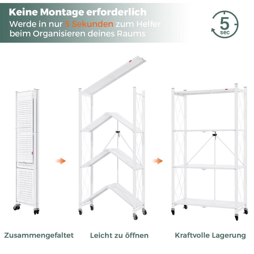 DEANIC Klappregal, 4 Regal Bücherregal, Küchenregale mit Rollen, Metallregal zur Aufbewahrung für Wohnzimmer, Speisekammer (61 x 116 x 28 cm, Weiß)