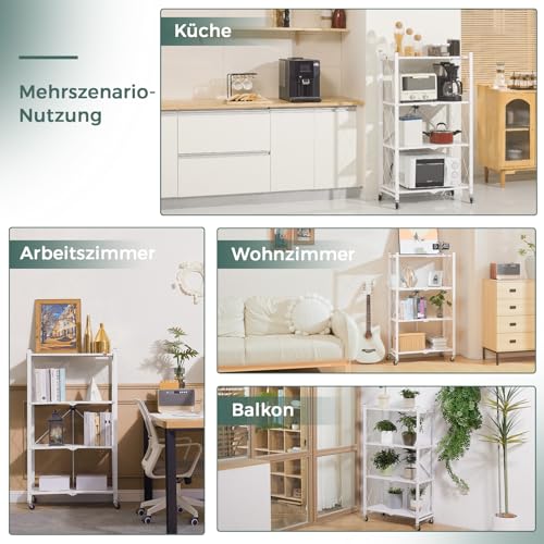 DEANIC Klappregal, 4 Regal Bücherregal, Küchenregale mit Rollen, Metallregal zur Aufbewahrung für Wohnzimmer, Speisekammer (61 x 116 x 28 cm, Weiß)