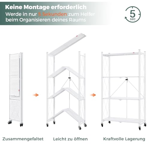DEANIC Klappregal, 4 Regal Bücherregal, Küchenregale mit Rollen, Metallregal zur Aufbewahrung für Wohnzimmer, Speisekammer (61 x 116 x 28 cm, Weiß)
