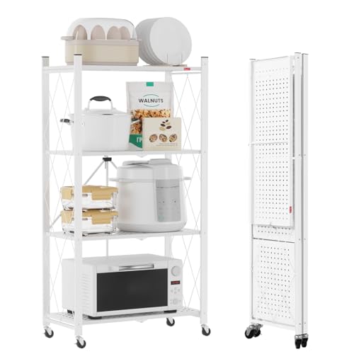 DEANIC Klappregal, 4 Regal Bücherregal, Küchenregale mit Rollen, Metallregal zur Aufbewahrung für Wohnzimmer, Speisekammer (61 x 116 x 28 cm, Weiß)
