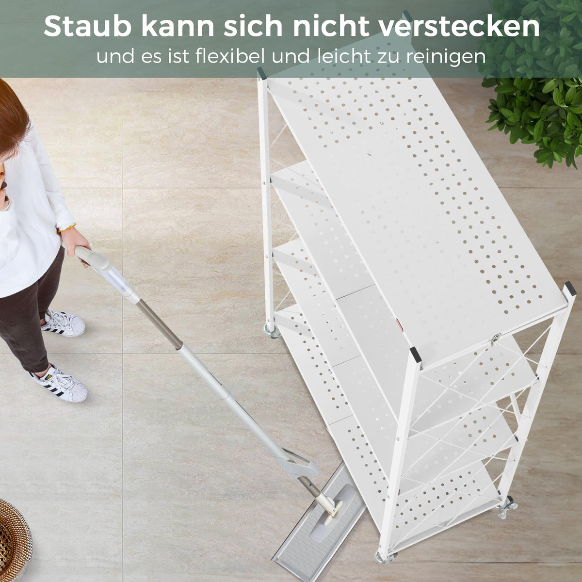 DEANIC Klappregal, 4 Regal Bücherregal, Küchenregale mit Rollen, Metallregal zur Aufbewahrung für Wohnzimmer, Speisekammer (61 x 116 x 28 cm, Weiß)