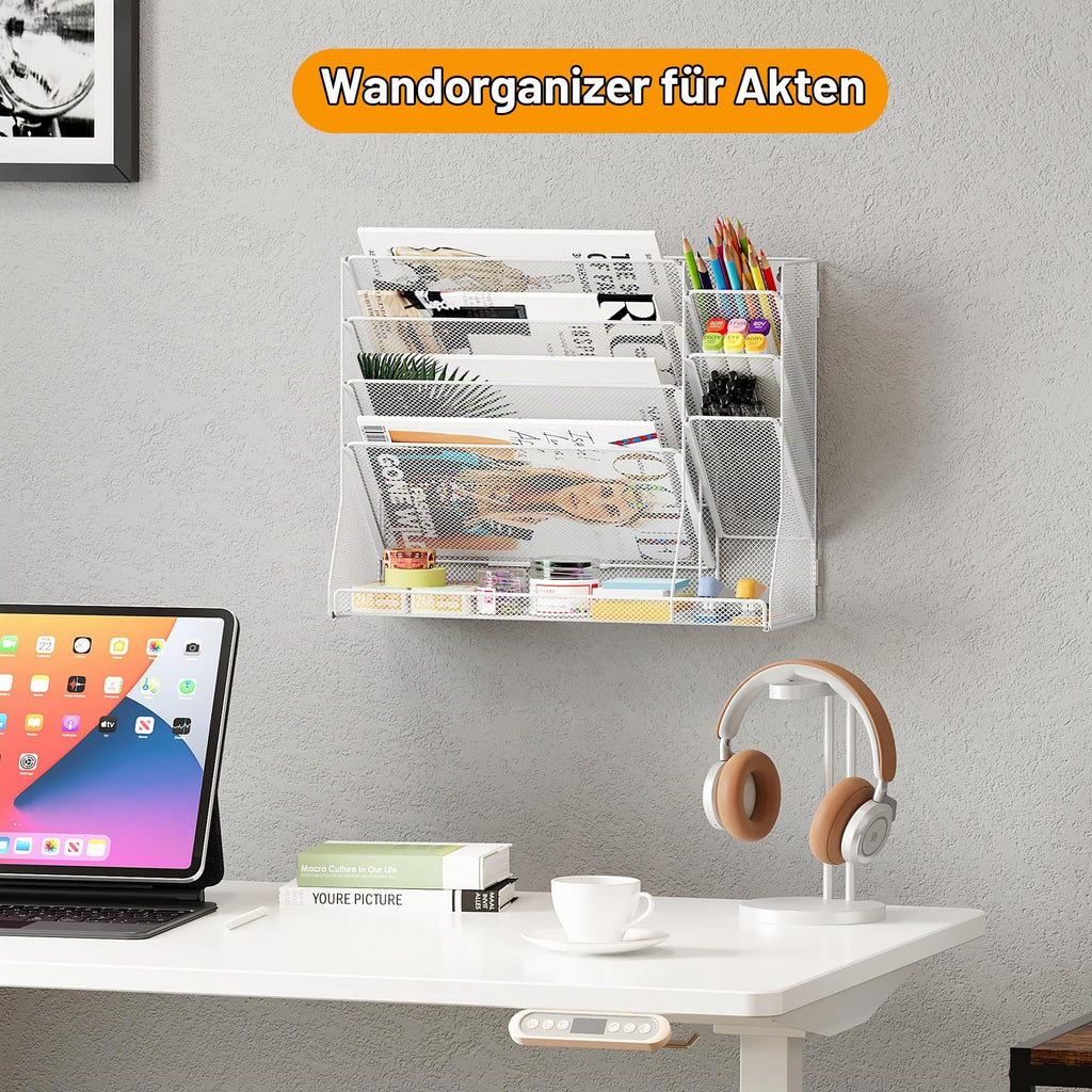 TQVAI 5 Fächer Metall Zeitschriftenhalter Wand Dokumenten Organizer mit 3 Stiftehalter A4 Papier Flyerhalter Postsortierer Dokumentenablage für Büro Zuhause Schule, Weiß