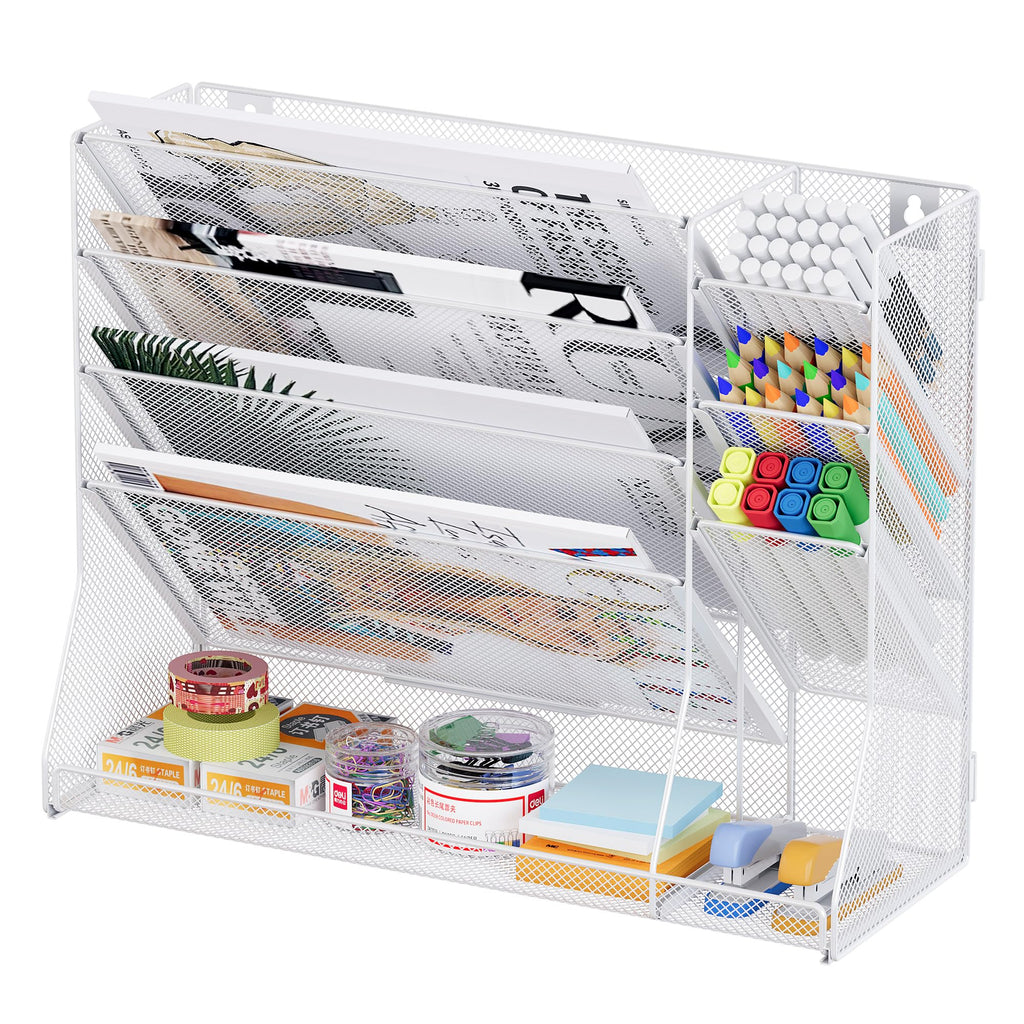 TQVAI 5 Fächer Metall Zeitschriftenhalter Wand Dokumenten Organizer mit 3 Stiftehalter A4 Papier Flyerhalter Postsortierer Dokumentenablage für Büro Zuhause Schule, Weiß