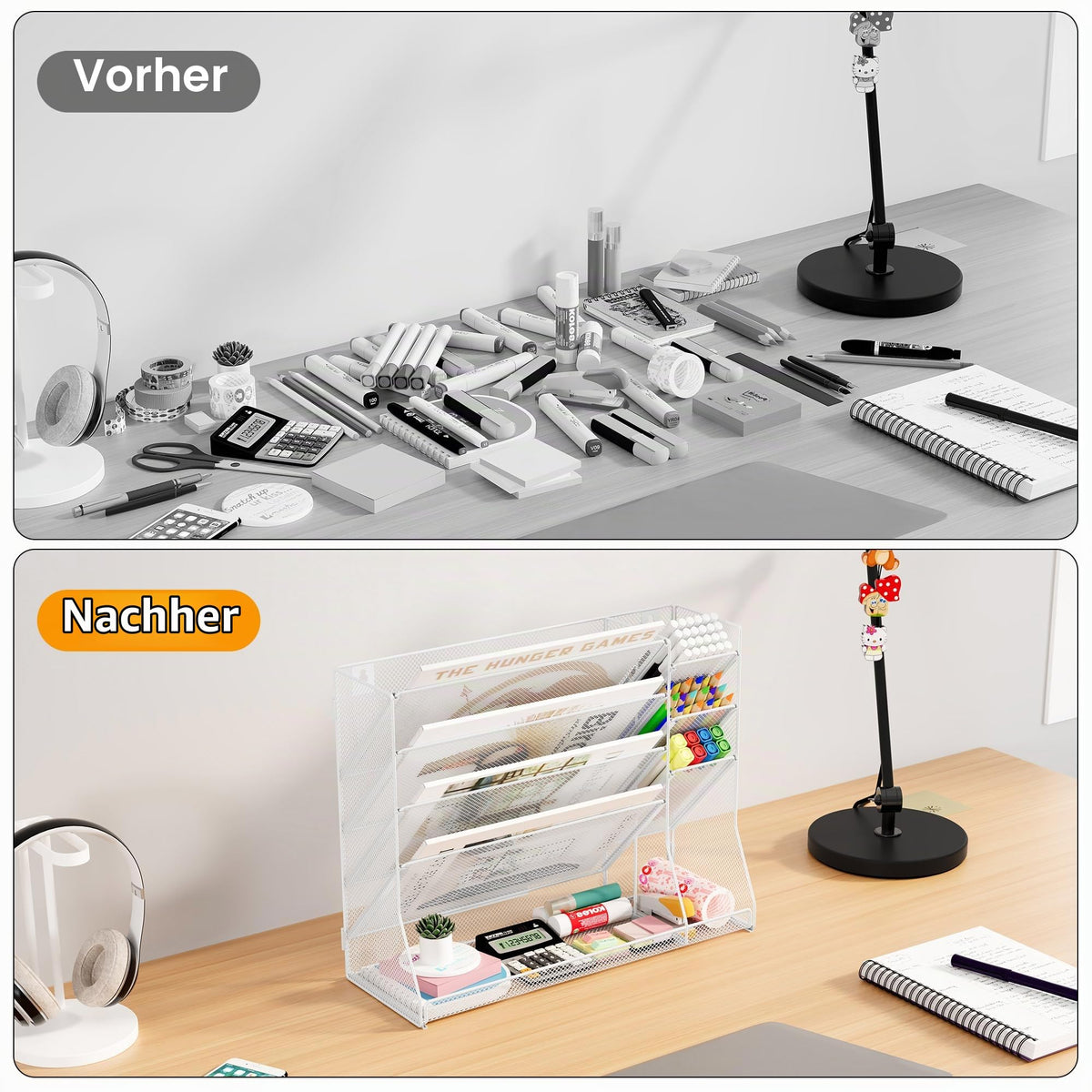 TQVAI 5 Fächer Metall Zeitschriftenhalter Wand Dokumenten Organizer mit 3 Stiftehalter A4 Papier Flyerhalter Postsortierer Dokumentenablage für Büro Zuhause Schule, Weiß