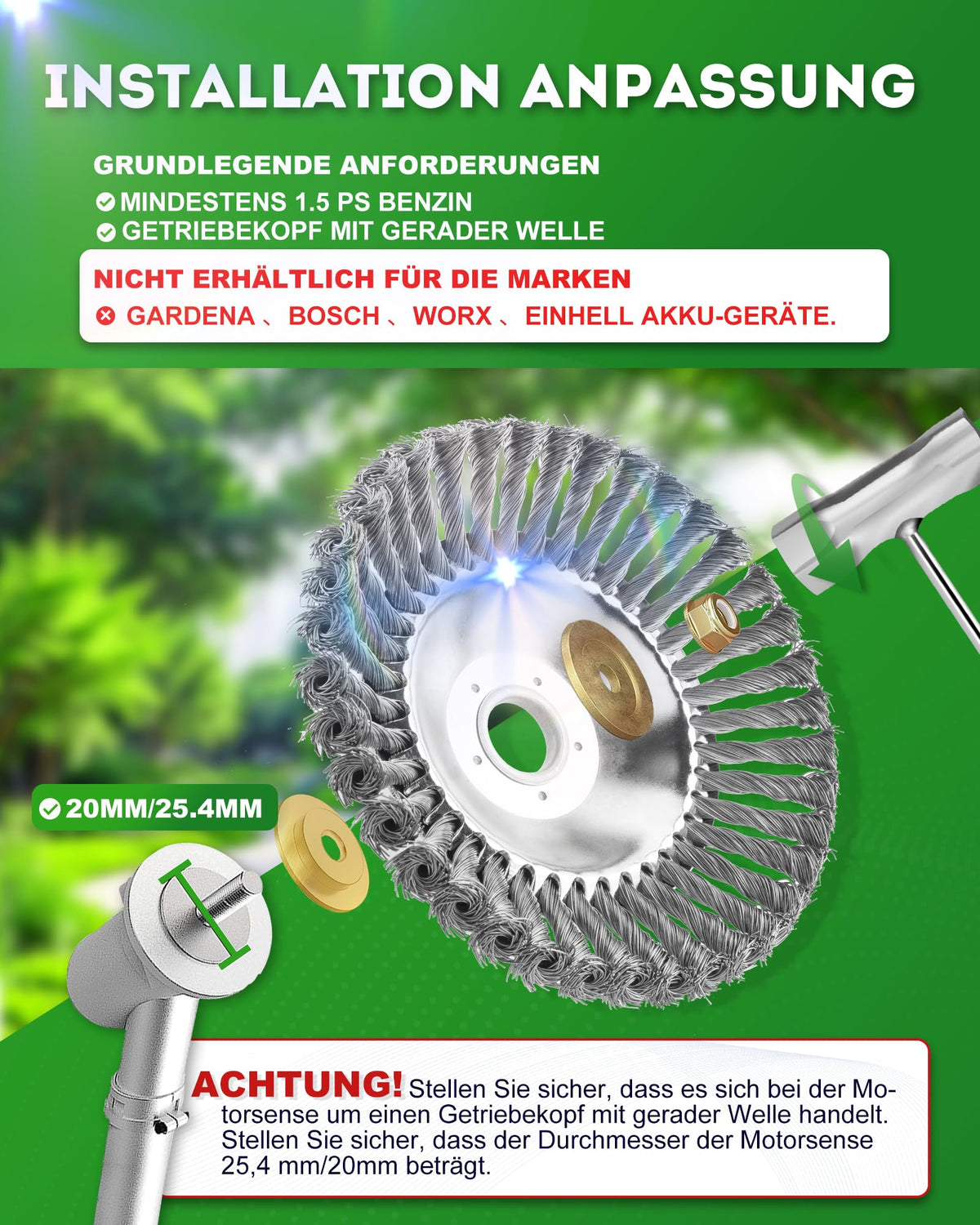 Unkrautbürste Wildkrautbürste Motorsense Freischneider Rundbürste 200 x 25,4 gezopfte Schleifbürste Kegel, Silber