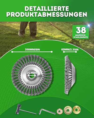 Unkrautbürste Wildkrautbürste Motorsense Freischneider Rundbürste 200 x 25,4 gezopfte Schleifbürste Kegel, Silber