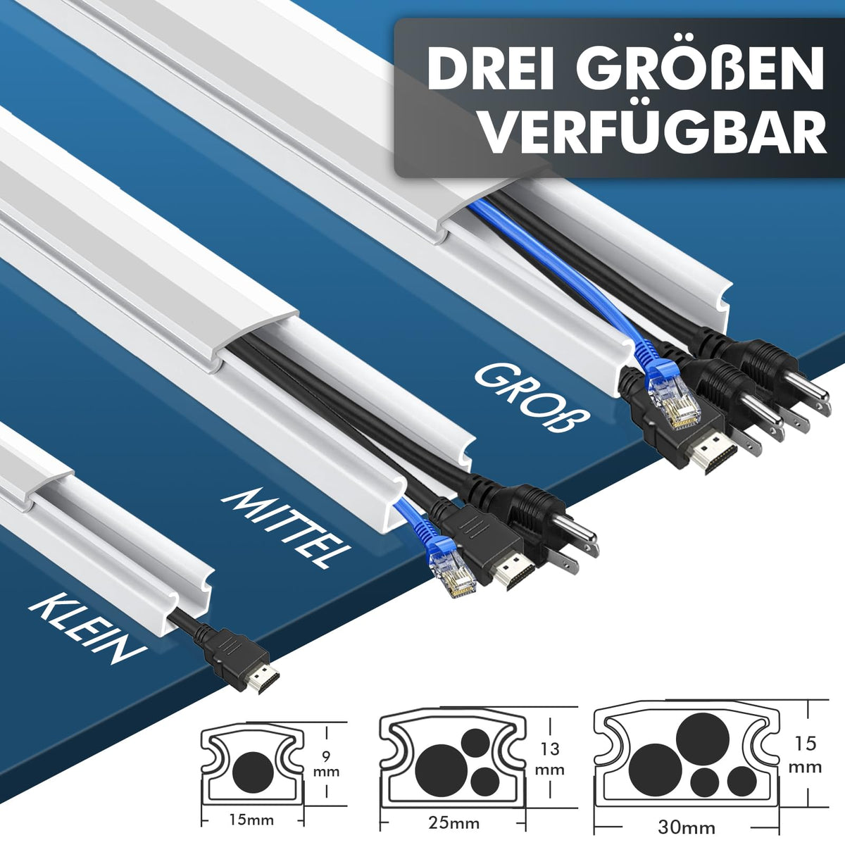 shinfly 2,4 m Kabelkanal Weiß – Kabelkanal Weiß Selbstklebend für Stromkabel, Kabelschacht Weiss, Kabel Verstecken – Kabelleiste für Wand – Weiss 15mm x 9mm (0,4m x 6Stück)