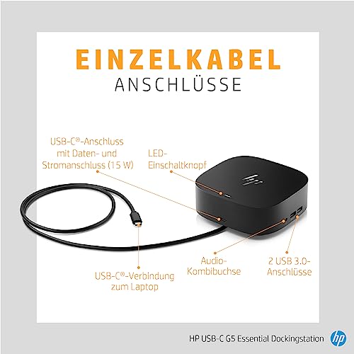 HP USB-C-Dockingstation G5 – universelle 100W-Power-Delivery-Dockstation, Multi-OS-Kompatibilität, kompaktes Design, Netzwerkmanagement, Schwarz (Generalüberholt)