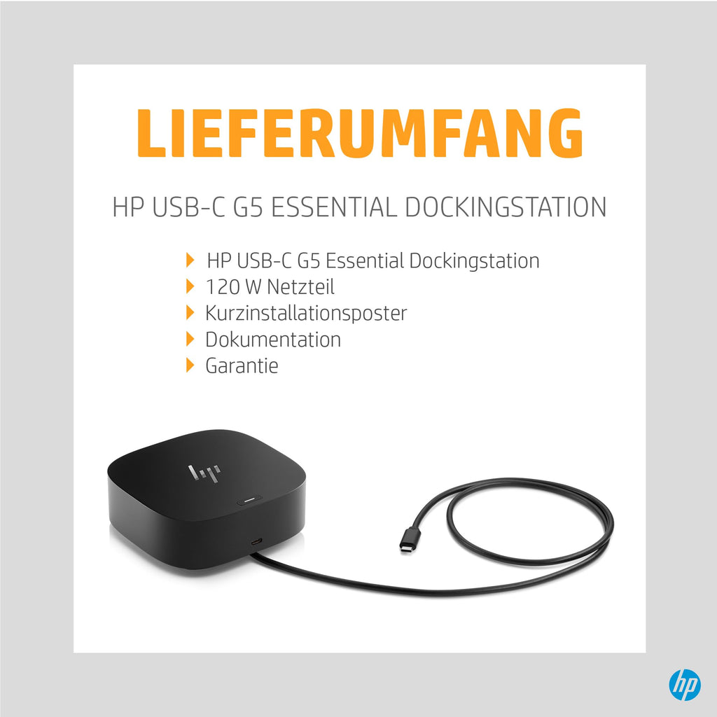 HP USB-C-Dockingstation G5 – universelle 100W-Power-Delivery-Dockstation, Multi-OS-Kompatibilität, kompaktes Design, Netzwerkmanagement, Schwarz (Generalüberholt)
