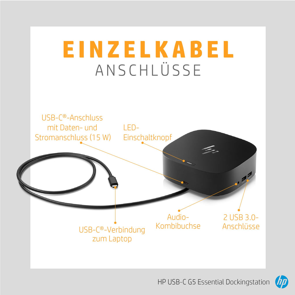 HP USB-C-Dockingstation G5 – universelle 100W-Power-Delivery-Dockstation, Multi-OS-Kompatibilität, kompaktes Design, Netzwerkmanagement, Schwarz (Generalüberholt)