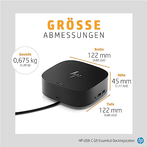 HP USB-C-Dockingstation G5 – universelle 100W-Power-Delivery-Dockstation, Multi-OS-Kompatibilität, kompaktes Design, Netzwerkmanagement, Schwarz (Generalüberholt)