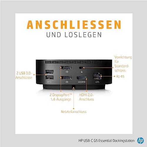 HP USB-C-Dockingstation G5 – universelle 100W-Power-Delivery-Dockstation, Multi-OS-Kompatibilität, kompaktes Design, Netzwerkmanagement, Schwarz (Generalüberholt)