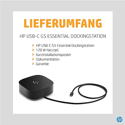HP USB-C-Dockingstation G5 – universelle 100W-Power-Delivery-Dockstation, Multi-OS-Kompatibilität, kompaktes Design, Netzwerkmanagement, Schwarz (Generalüberholt)