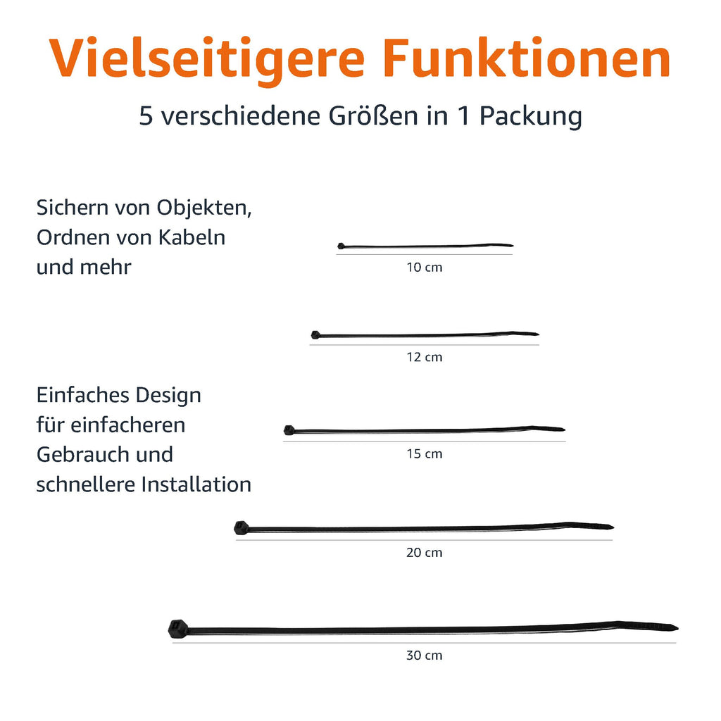 Amazon Basics Kabelbinder, verstellbar, zum Organisieren von Kabeln, 100/120/150/200/300 mm, insgesamt 500 Stück, schwarz