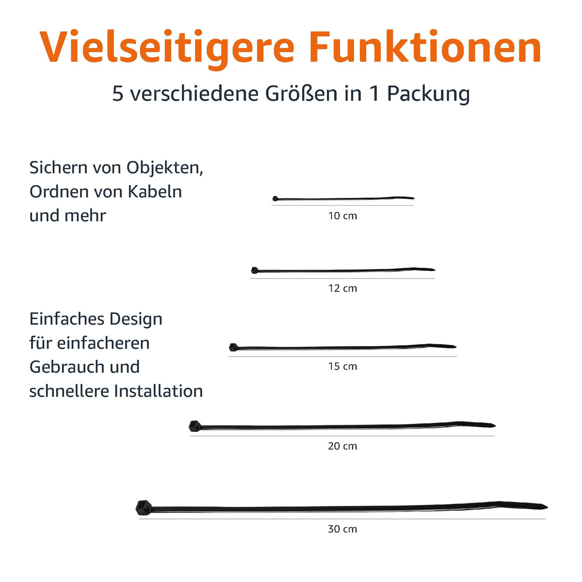 Amazon Basics Kabelbinder, verstellbar, zum Organisieren von Kabeln, 100/120/150/200/300 mm, insgesamt 500 Stück, schwarz