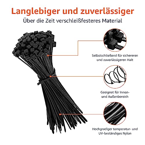 Amazon Basics Kabelbinder, verstellbar, zum Organisieren von Kabeln, 100/120/150/200/300 mm, insgesamt 500 Stück, schwarz