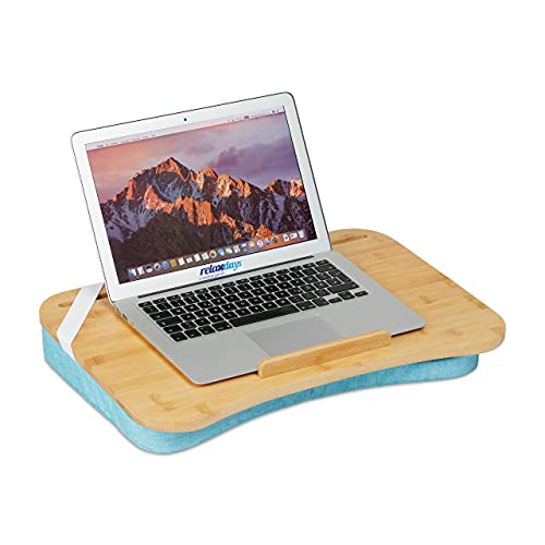 Relaxdays Laptopkissen, Bambus, Memory Foam Kissen, BxT: 51 x 36 cm, Tragegriff, Kissentablett Bett & Sofa, Natur/blau
