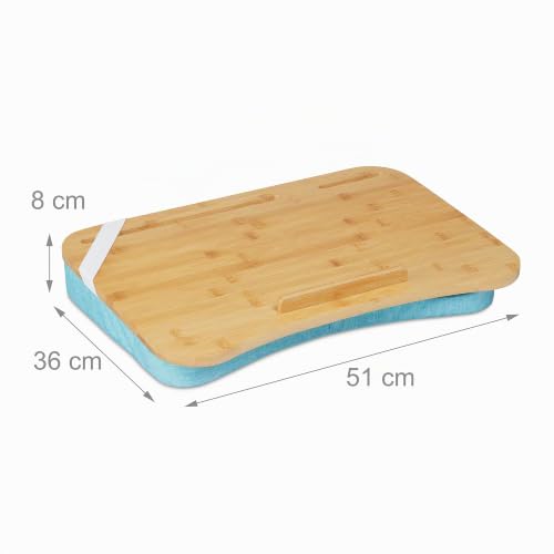 Relaxdays Laptopkissen, Bambus, Memory Foam Kissen, BxT: 51 x 36 cm, Tragegriff, Kissentablett Bett & Sofa, Natur/blau