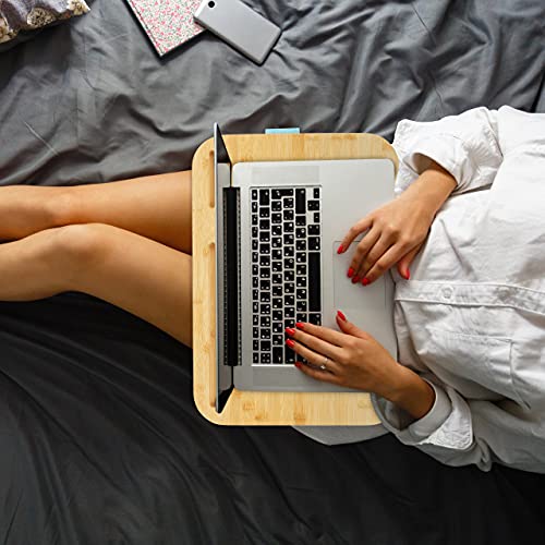 Relaxdays Laptopkissen, Bambus, Memory Foam Kissen, BxT: 51 x 36 cm, Tragegriff, Kissentablett Bett & Sofa, Natur/blau