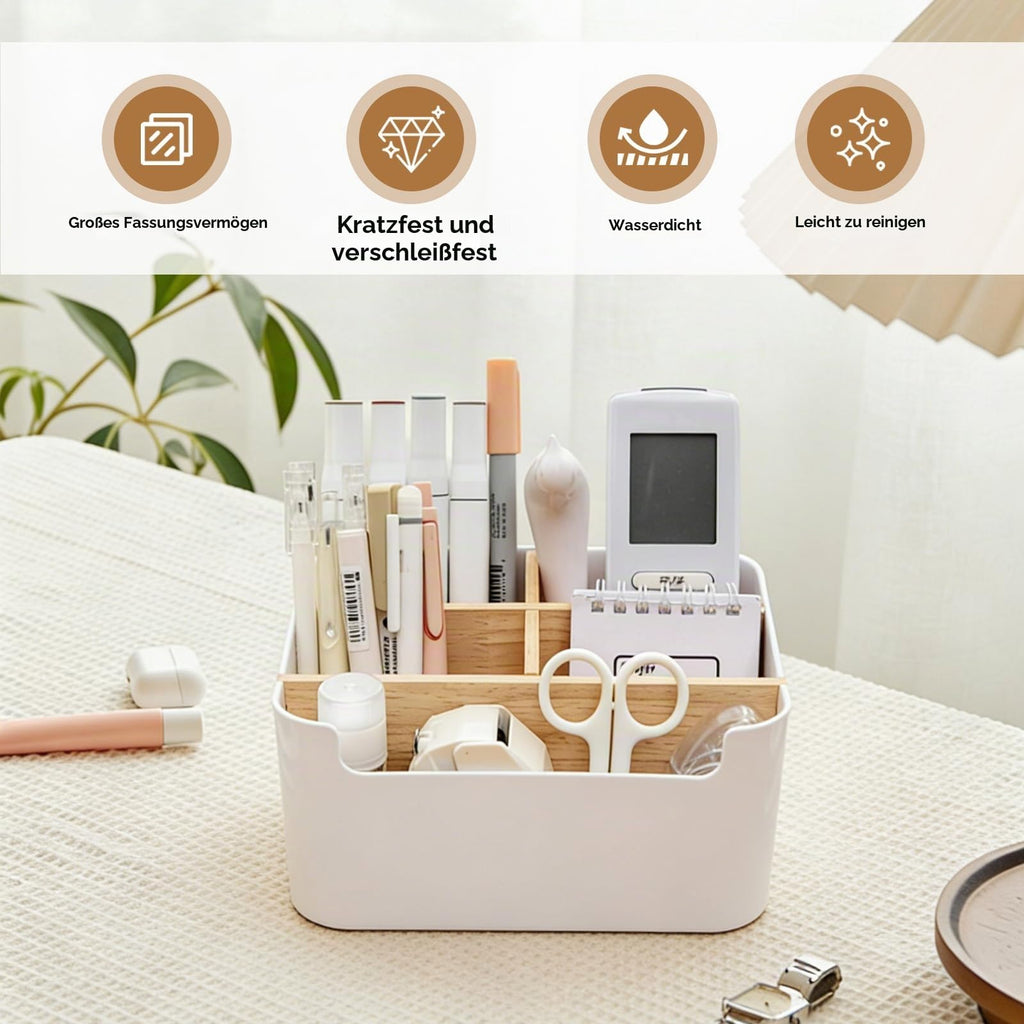 AKONE 5 Fächer Stifte Organizer, Bambus Schreibtisch Organizer mit Abnehmbaren Trennwänden, Platzsparender Stiftehalter, Multifunktionaler Kosmetikhalter für Make up Pinsel, Büro Zubehör & mehr