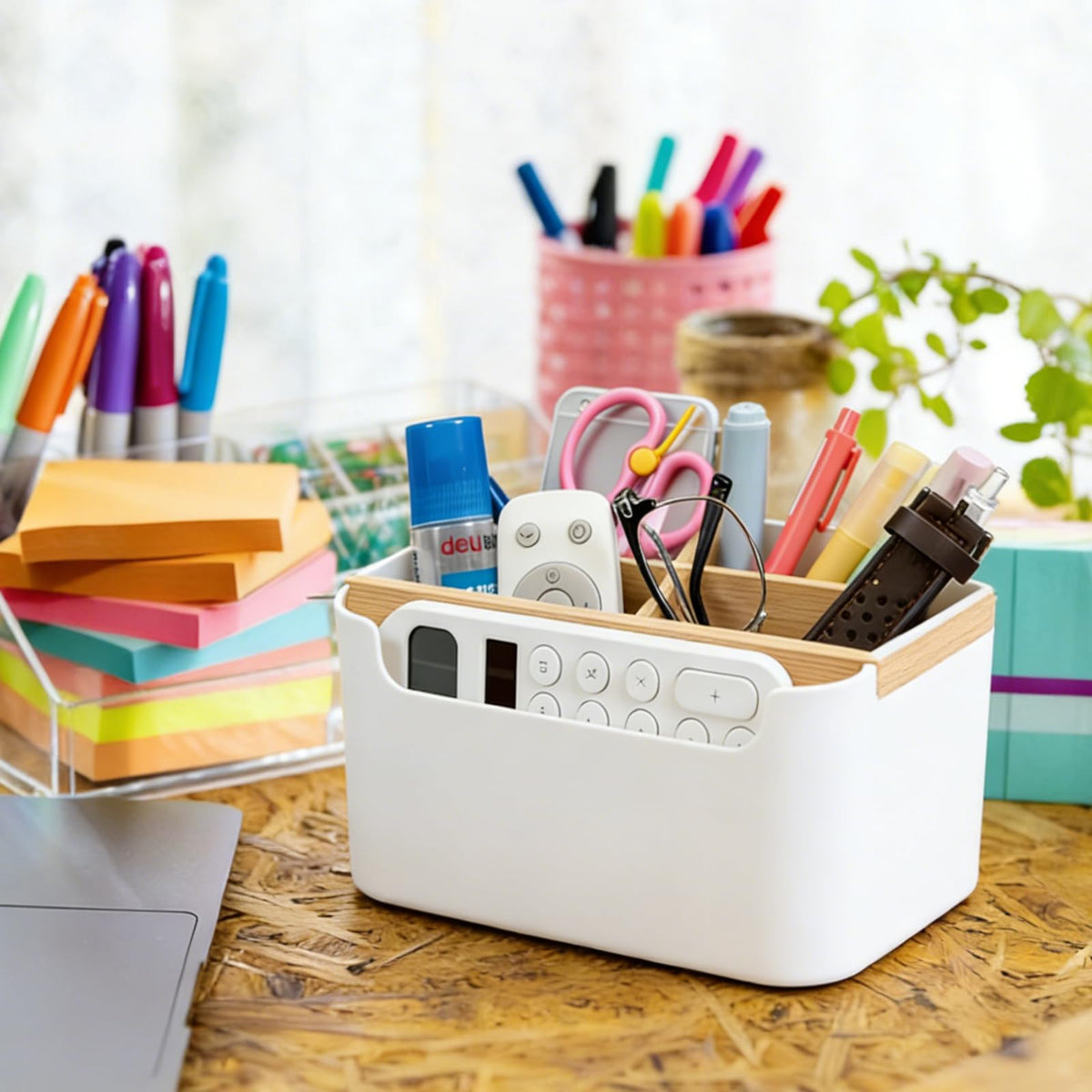 AKONE 5 Fächer Stifte Organizer, Bambus Schreibtisch Organizer mit Abnehmbaren Trennwänden, Platzsparender Stiftehalter, Multifunktionaler Kosmetikhalter für Make up Pinsel, Büro Zubehör & mehr