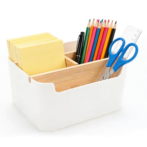 AKONE 5 Fächer Stifte Organizer, Bambus Schreibtisch Organizer mit Abnehmbaren Trennwänden, Platzsparender Stiftehalter, Multifunktionaler Kosmetikhalter für Make up Pinsel, Büro Zubehör & mehr