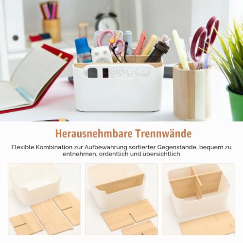 AKONE 5 Fächer Stifte Organizer, Bambus Schreibtisch Organizer mit Abnehmbaren Trennwänden, Platzsparender Stiftehalter, Multifunktionaler Kosmetikhalter für Make up Pinsel, Büro Zubehör & mehr