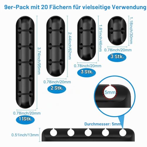 9 Stück Kabelhalter Schreibtisch mit 20 Schlitzen, Silikon Kabelclips Selbstklebend, Kabel Organizer, Schwarze Kabelorganizer Clips für kabelmanagement im Auto, Büro und Zuhause