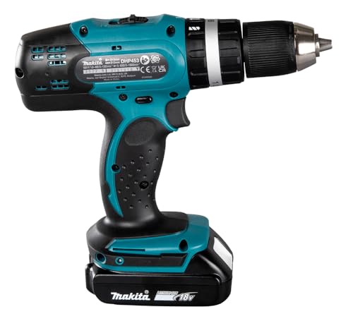 Makita DHP453RFX2 Akku-Schlagbohrschrauber 18 V / 3,0 Ah im Alukoffer + 96tlg. Zubehör-Set, Blau/Silber