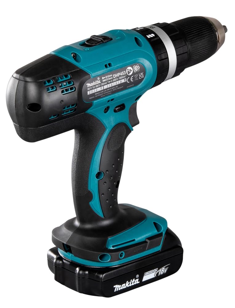 Makita DHP453RFX2 Akku-Schlagbohrschrauber 18 V / 3,0 Ah im Alukoffer + 96tlg. Zubehör-Set, Blau/Silber