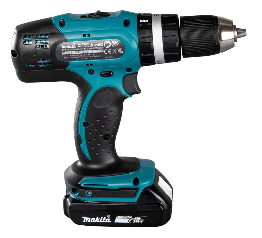 Makita DHP453RFX2 Akku-Schlagbohrschrauber 18 V / 3,0 Ah im Alukoffer + 96tlg. Zubehör-Set, Blau/Silber