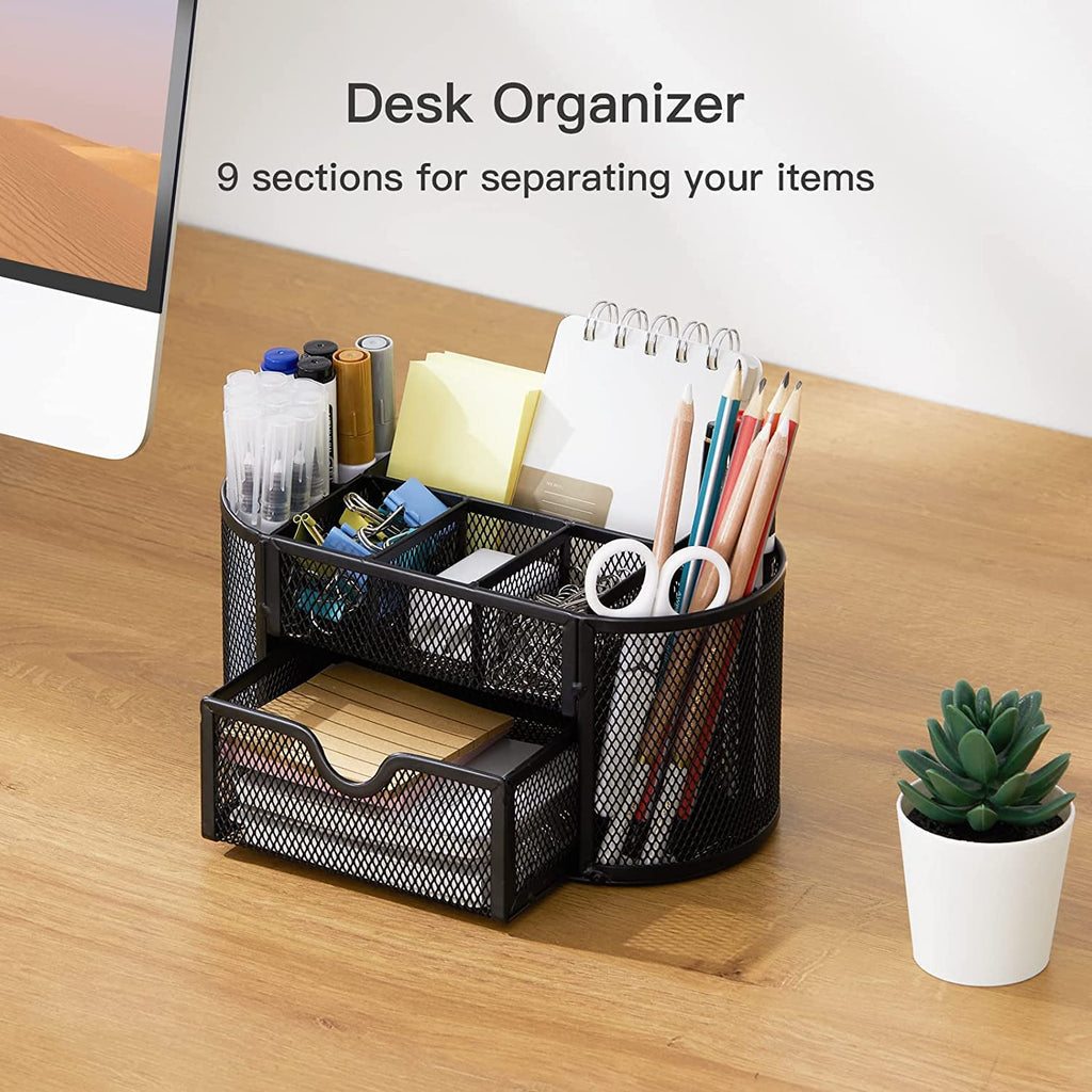 Schreibtisch Organizer,stiftehalter schreibtisch,Mesh Metall Desktop Büro Organizer mit 8 Stifthaltern und 1 Schublade,Es Platz zu Hause, in der Schule oder im Büro sparen. (Schwarz)