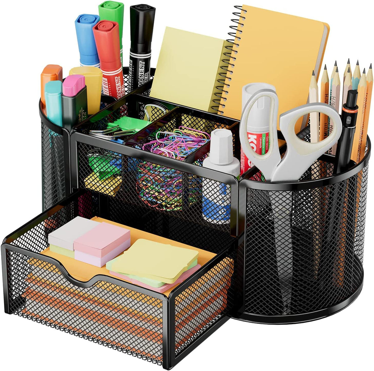 Schreibtisch Organizer,stiftehalter schreibtisch,Mesh Metall Desktop Büro Organizer mit 8 Stifthaltern und 1 Schublade,Es Platz zu Hause, in der Schule oder im Büro sparen. (Schwarz)