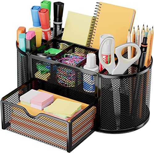 Schreibtisch Organizer,stiftehalter schreibtisch,Mesh Metall Desktop Büro Organizer mit 8 Stifthaltern und 1 Schublade,Es Platz zu Hause, in der Schule oder im Büro sparen. (Schwarz)