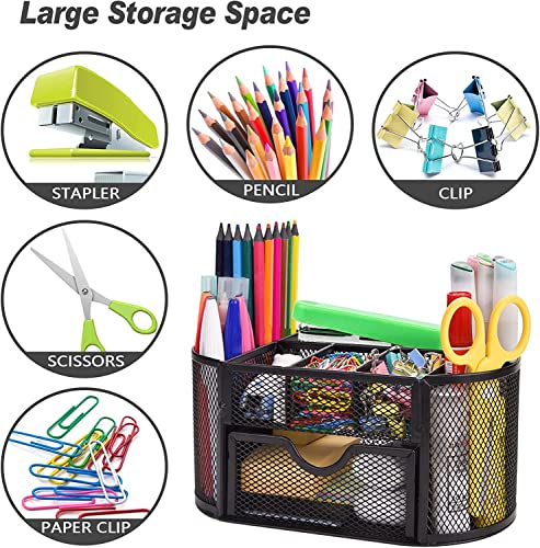 Schreibtisch Organizer,stiftehalter schreibtisch,Mesh Metall Desktop Büro Organizer mit 8 Stifthaltern und 1 Schublade,Es Platz zu Hause, in der Schule oder im Büro sparen. (Schwarz)