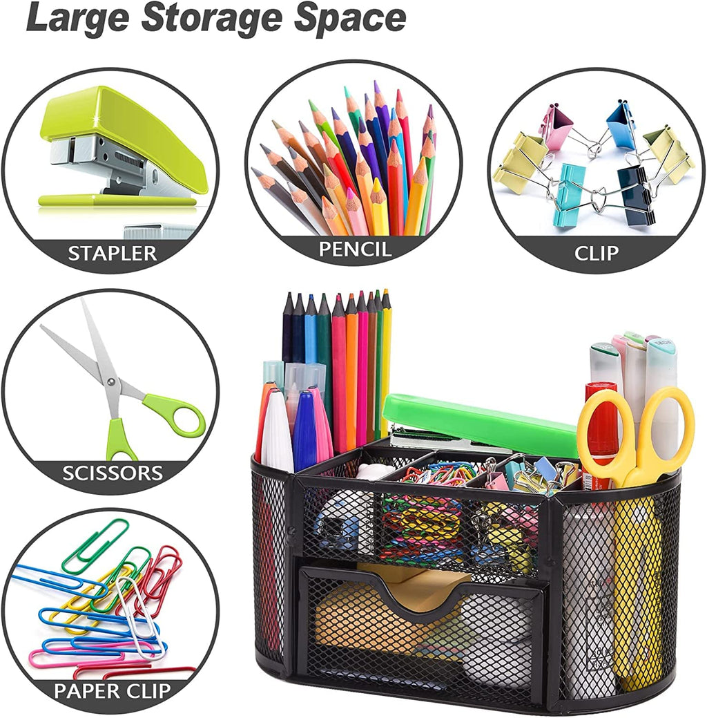 Schreibtisch Organizer,stiftehalter schreibtisch,Mesh Metall Desktop Büro Organizer mit 8 Stifthaltern und 1 Schublade,Es Platz zu Hause, in der Schule oder im Büro sparen. (Schwarz)