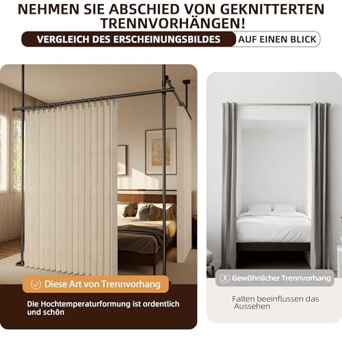 Raumteiler Vorhang Extra Breit – Trennvorhang Faltbar mit 3D Akkordeon-Design, Sichtschutz für Schlafzimmer & Büro, Raumtrenner inkl. Metallhaken & Leder-Strap (Beige, H220 x B254 cm)