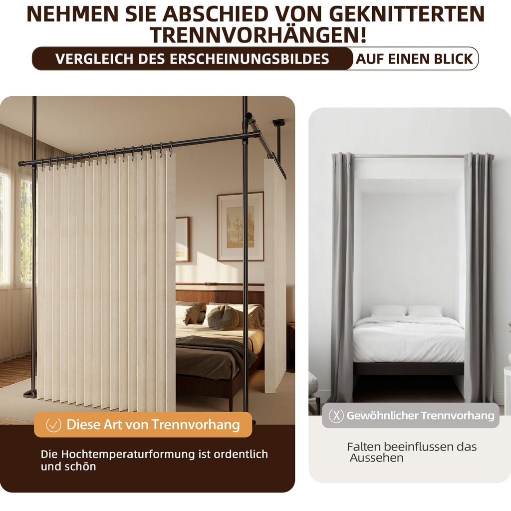 Raumteiler Vorhang Extra Breit – Trennvorhang Faltbar mit 3D Akkordeon-Design, Sichtschutz für Schlafzimmer & Büro, Raumtrenner inkl. Metallhaken & Leder-Strap (Beige, H220 x B254 cm)