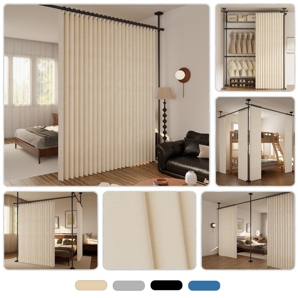 Raumteiler Vorhang Extra Breit – Trennvorhang Faltbar mit 3D Akkordeon-Design, Sichtschutz für Schlafzimmer & Büro, Raumtrenner inkl. Metallhaken & Leder-Strap (Beige, H220 x B254 cm)