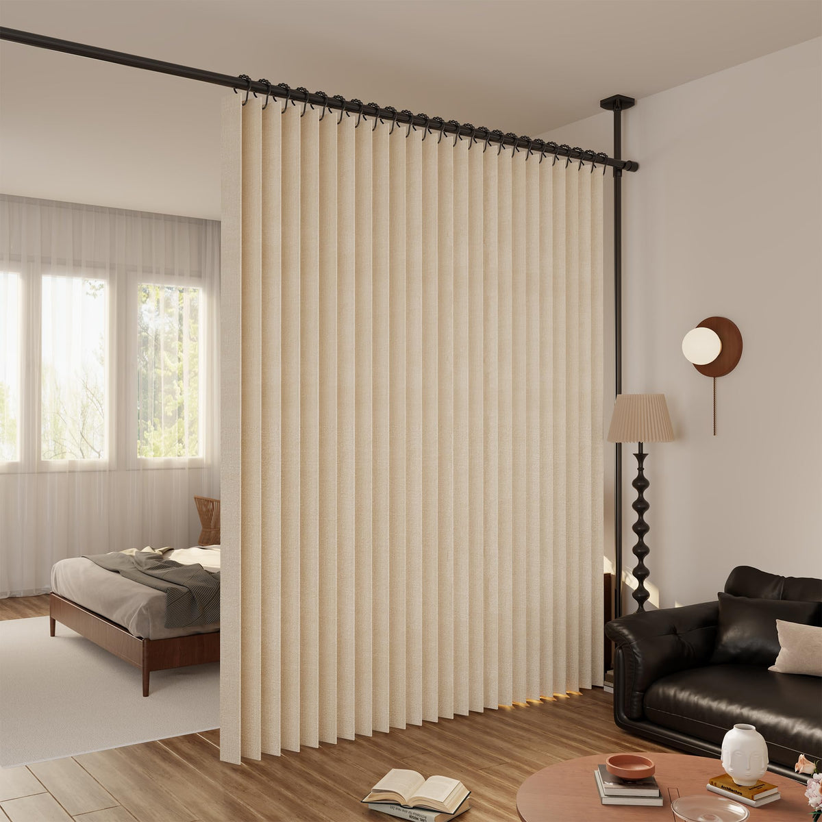 Raumteiler Vorhang Extra Breit – Trennvorhang Faltbar mit 3D Akkordeon-Design, Sichtschutz für Schlafzimmer & Büro, Raumtrenner inkl. Metallhaken & Leder-Strap (Beige, H220 x B254 cm)