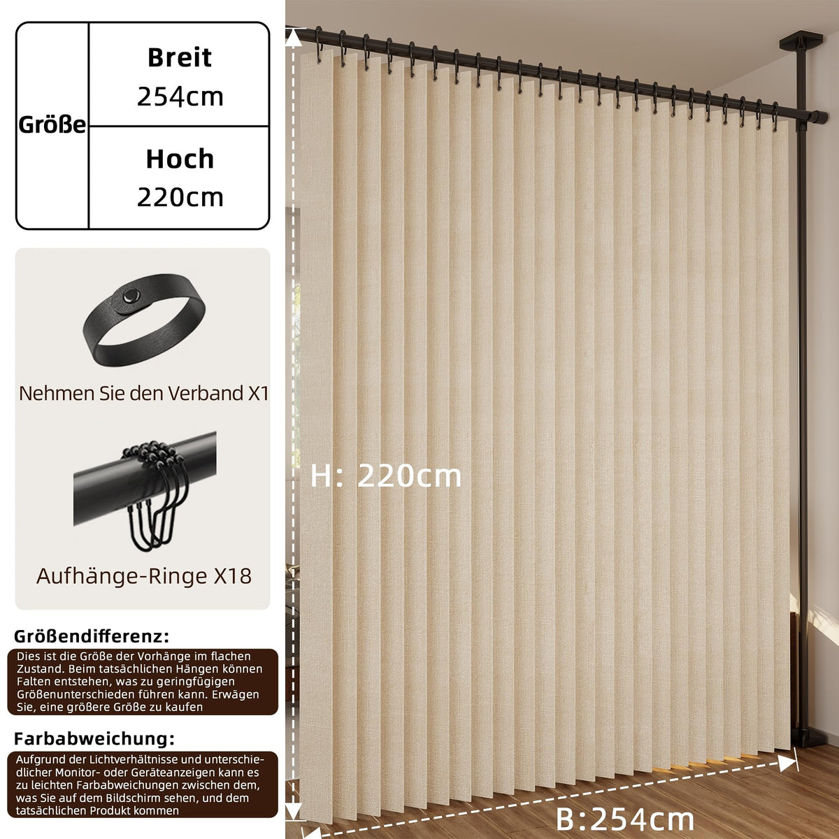 Raumteiler Vorhang Extra Breit – Trennvorhang Faltbar mit 3D Akkordeon-Design, Sichtschutz für Schlafzimmer & Büro, Raumtrenner inkl. Metallhaken & Leder-Strap (Beige, H220 x B254 cm)