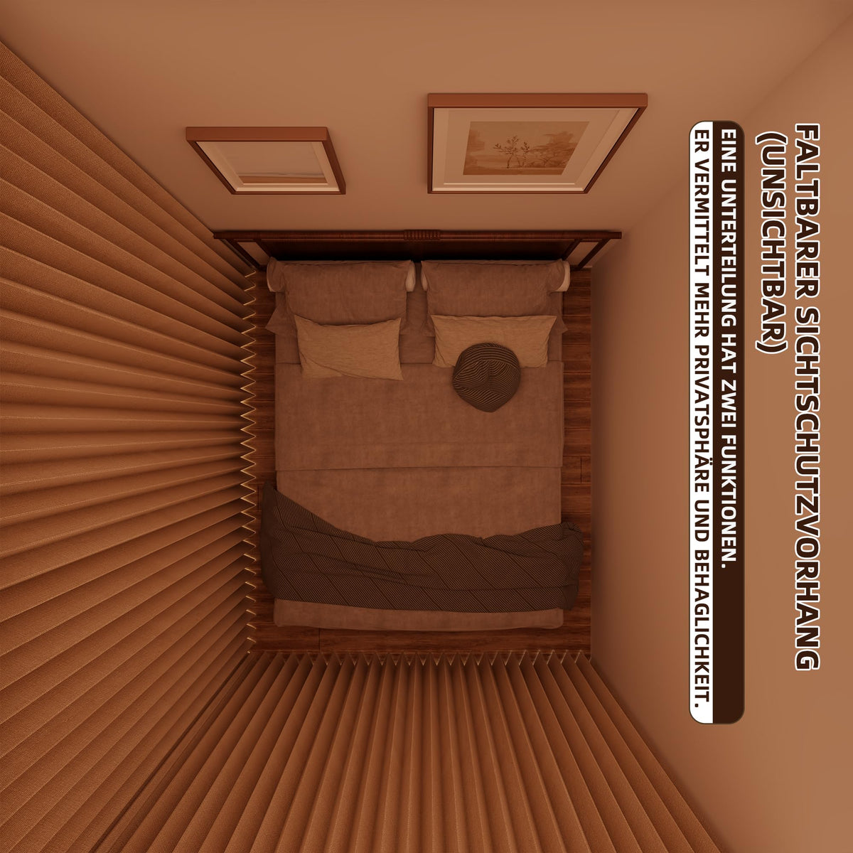 Raumteiler Vorhang Extra Breit – Trennvorhang Faltbar mit 3D Akkordeon-Design, Sichtschutz für Schlafzimmer & Büro, Raumtrenner inkl. Metallhaken & Leder-Strap (Beige, H220 x B254 cm)