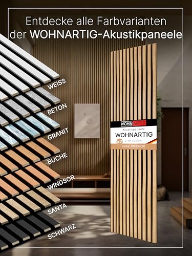 wohnartig® Akustikpaneele 1,485m² - 275cm x 54cm* set - (set = 2 Stück 275cm x 27cm) | Farbe: Eiche Windsor 280 | Wandverkleidung | Akustikpaneel | Wandpaneele auf filz | Akustikfilz