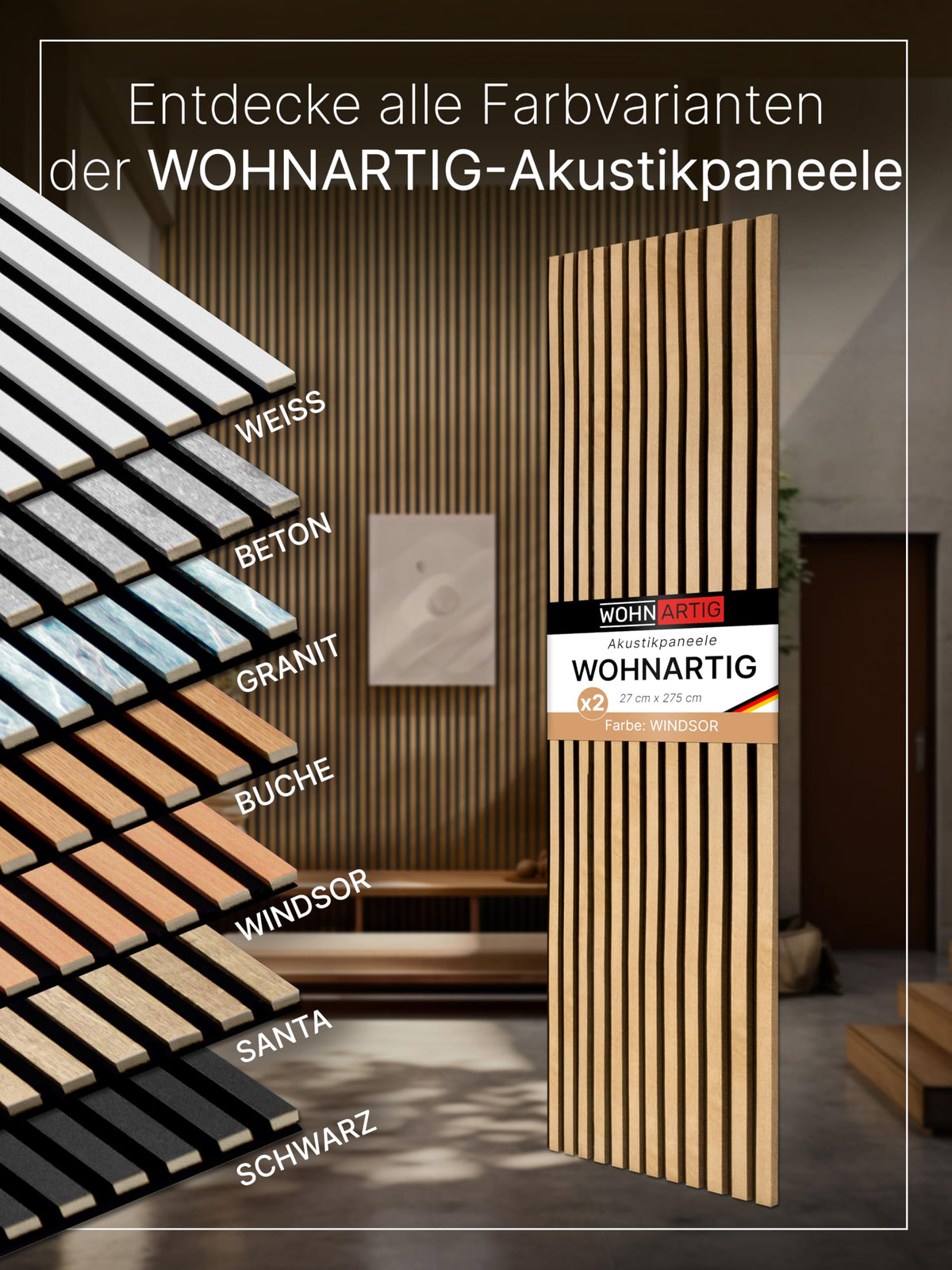 wohnartig® Akustikpaneele 1,485m² - 275cm x 54cm* set - (set = 2 Stück 275cm x 27cm) | Farbe: Eiche Windsor 280 | Wandverkleidung | Akustikpaneel | Wandpaneele auf filz | Akustikfilz