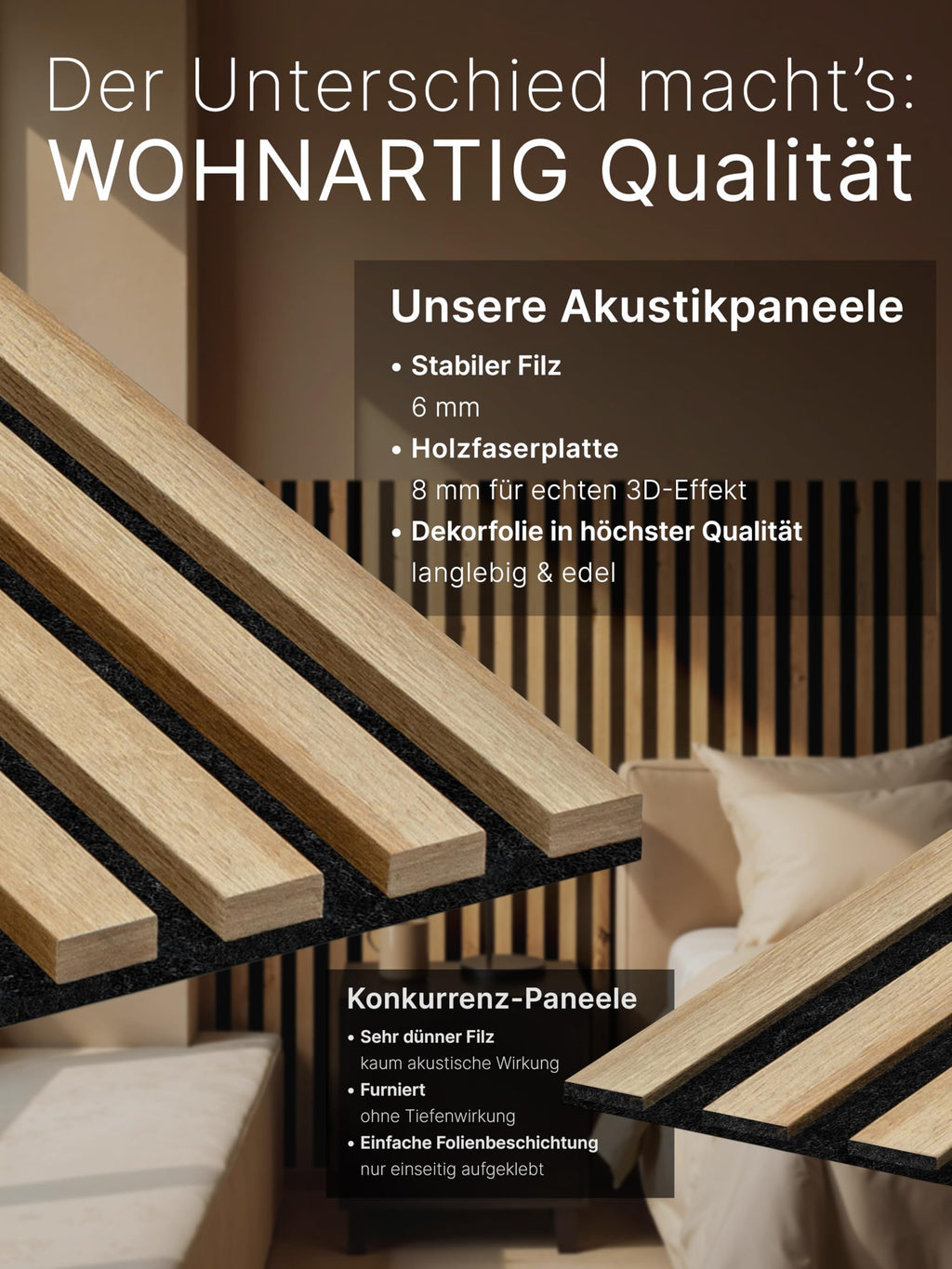 wohnartig® Akustikpaneele 1,485m² - 275cm x 54cm* set - (set = 2 Stück 275cm x 27cm) | Farbe: Eiche Windsor 280 | Wandverkleidung | Akustikpaneel | Wandpaneele auf filz | Akustikfilz