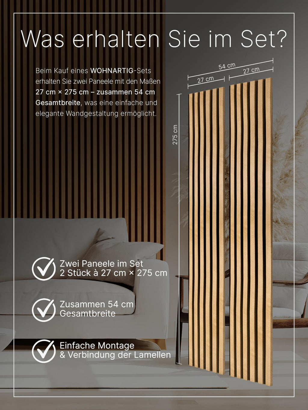 wohnartig® Akustikpaneele 1,485m² - 275cm x 54cm* set - (set = 2 Stück 275cm x 27cm) | Farbe: Eiche Windsor 280 | Wandverkleidung | Akustikpaneel | Wandpaneele auf filz | Akustikfilz