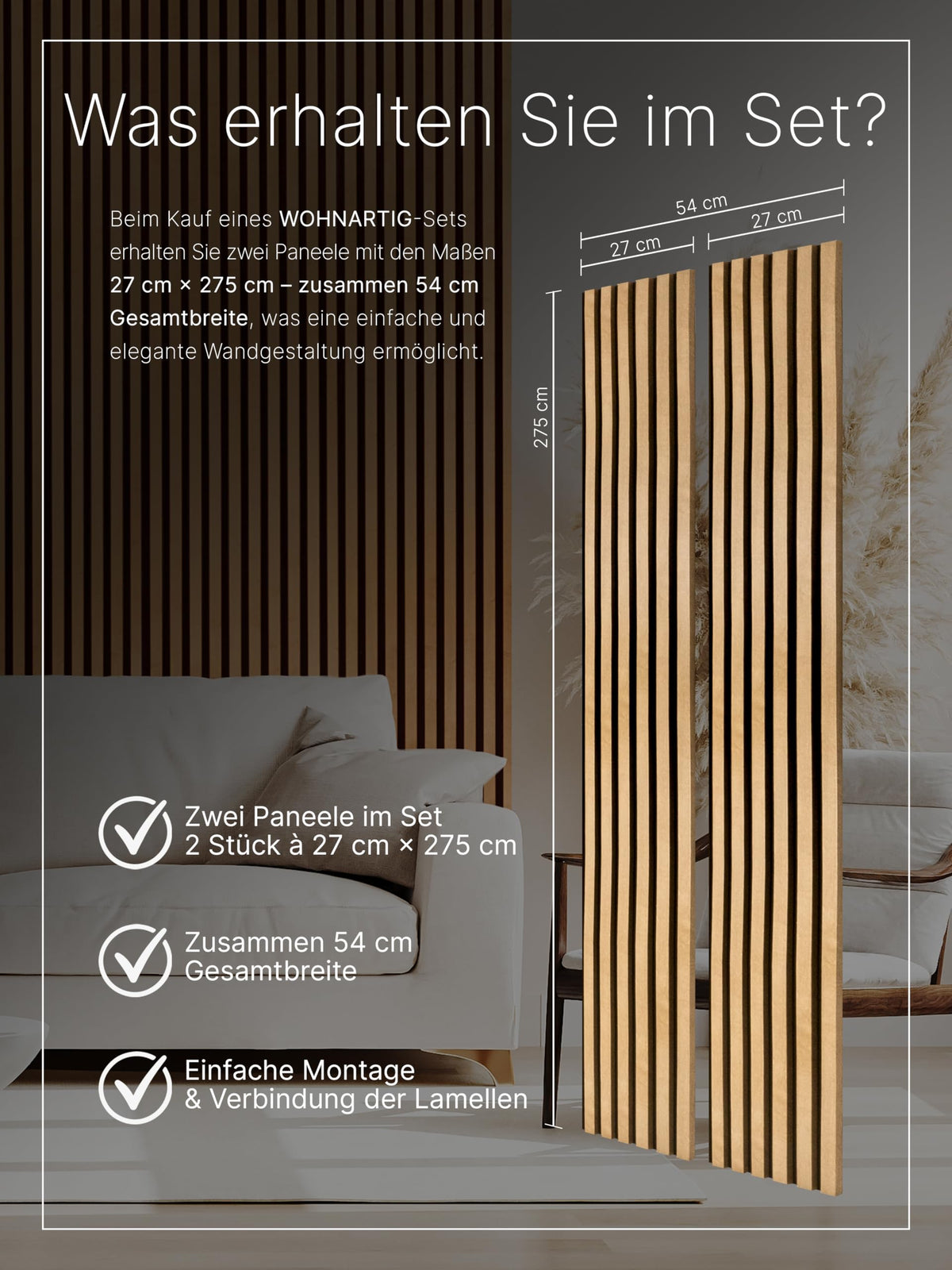 wohnartig® Akustikpaneele 1,485m² - 275cm x 54cm* set - (set = 2 Stück 275cm x 27cm) | Farbe: Eiche Windsor 280 | Wandverkleidung | Akustikpaneel | Wandpaneele auf filz | Akustikfilz