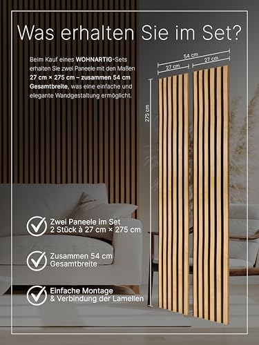 wohnartig® Akustikpaneele 1,485m² - 275cm x 54cm* set - (set = 2 Stück 275cm x 27cm) | Farbe: Eiche Windsor 280 | Wandverkleidung | Akustikpaneel | Wandpaneele auf filz | Akustikfilz